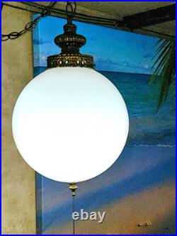 Vintage White Glass Globe Brass Swag Light 38 Around 18' Foot Chain Cord 1960