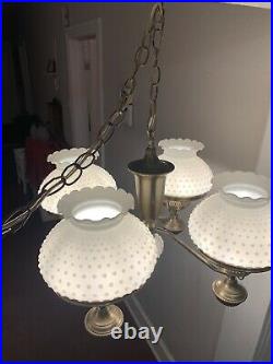 Vintage White Hobnail Milk Glass Globe Lamp 4 Light Chandelier Mid Century