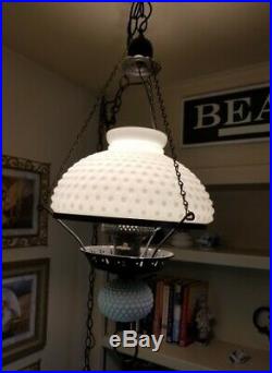 Vintage White Hobnail Milk Glass Hurricane Globe Hanging Lamp Electric