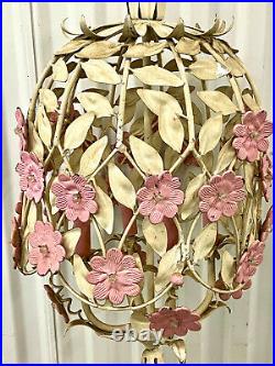 Vintage White Metal Floral With Pink Flowers Metal Chandelier Hanging Lamp