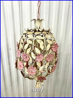 Vintage White Metal Floral With Pink Flowers Metal Chandelier Hanging Lamp