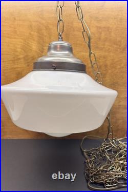 Vintage White Milk Glass Schoolhouse Globe Hanging Swag Lamp 14 Diameter