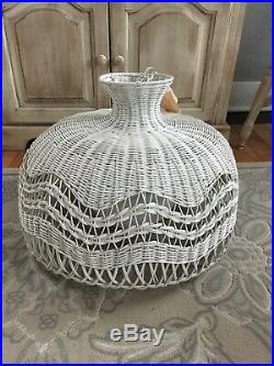 Vintage White Wicker Rattan Hanging Light Large 22 Ceiling Swag Chain Lamp