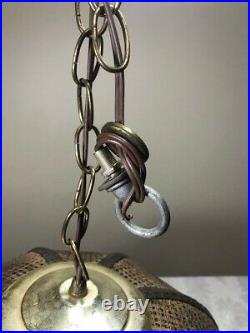 Vintage Wicker Rattan Hanging Swag Lamp Ceiling with Brass Chain & Glass Globe
