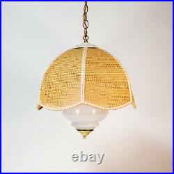 Vintage Wicker Rattan Hanging Swag Lamp Light Glass Globe 16 MCM 1970s USA