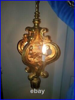 Vintage Wood Metal Gothic Hollywood Regency Hanging Swag Light Lamp Gold