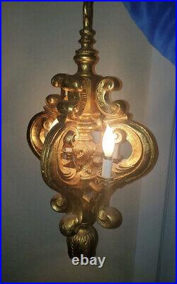 Vintage Wood Metal Gothic Hollywood Regency Hanging Swag Light Lamp Gold