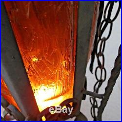 Vintage Wrought Iron Gothic Hanging Swag Lamp Light Honeycomb Amber