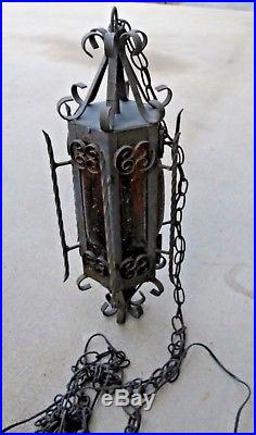 Vintage Wrought Iron Gothic Hanging Swag Lamp Light Honeycomb Amber