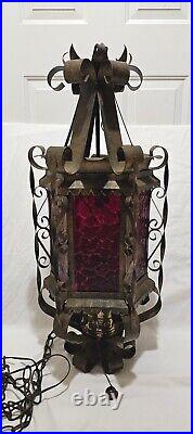 Vintage Wrought Iron Pendant Lamp With Red Glass Panels 30T x 13W 8Ft Chain