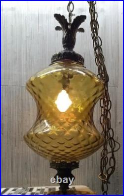Vintage XL Amber Optic Hour Glass Glass Hanging Swag Lamp 41.5 Inches