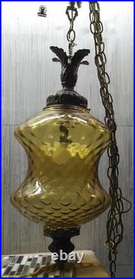 Vintage XL Amber Optic Hour Glass Glass Hanging Swag Lamp 41.5 Inches