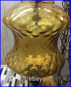 Vintage XL Amber Optic Hour Glass Glass Hanging Swag Lamp 41.5 Inches