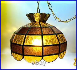 Vintage Yellow & Amber Stained Glass Hanging Double Lite Swag Lamp 16 Diameter