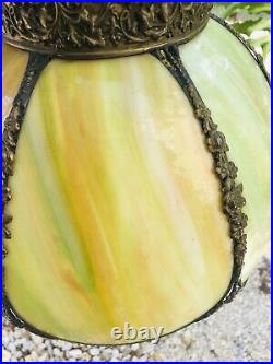 Vintage Yellow And Green Tulip Slag Stained Glass Ceiling Light Hanging Lamp