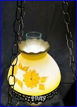 Vintage Yellow Glass Floral Hurricane Hanging Ceiling Lamp Light GWTW