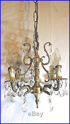 Vintage/antique 4 Light 28 Big, 28 Small Crystals & Brass Chandelier Hanging Lamp