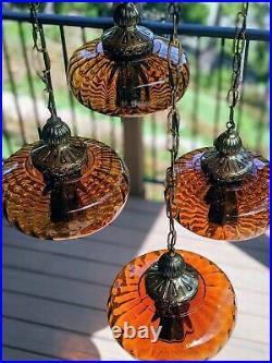 Vintage antique mid century hanging amber glass swag lamp light brass chandelier