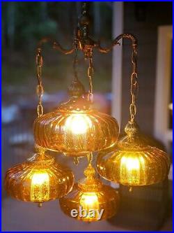 Vintage antique mid century hanging amber glass swag lamp light brass chandelier
