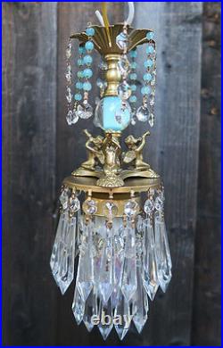 Vintage baby room Chandelier swag Lamp Cherub trumpet crystal brass Glass light