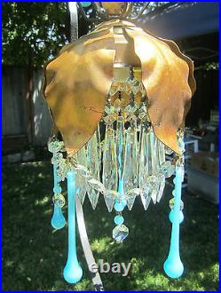 Vintage beaded gilt Tole Brass SWAG lamp chandelier Italy Blue prism OPALIN Lily