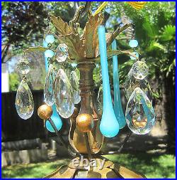 Vintage beaded gilt Tole Brass SWAG lamp chandelier Italy Blue prism OPALIN Lily