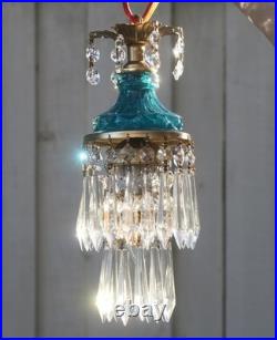 Vintage chandelier Teal Blue Swag Pendant Lamp Crystal Prisms Brass Hanging