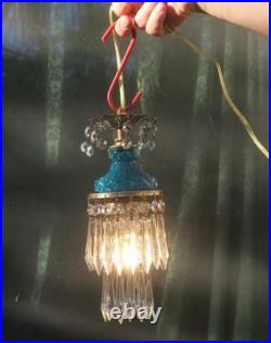 Vintage chandelier Teal Blue Swag Pendant Lamp Crystal Prisms Brass Hanging