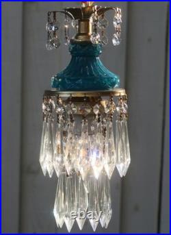Vintage chandelier Teal Blue Swag Pendant Lamp Crystal Prisms Brass Hanging