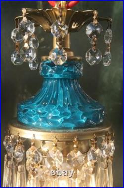 Vintage chandelier Teal Blue Swag Pendant Lamp Crystal Prisms Brass Hanging