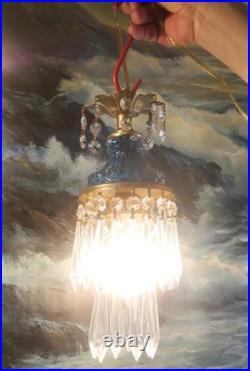 Vintage chandelier Teal Blue Swag Pendant Lamp Crystal Prisms Brass Hanging