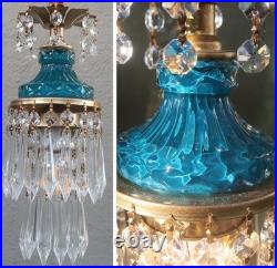 Vintage chandelier Teal Blue Swag Pendant Lamp Crystal Prisms Brass Hanging