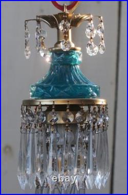 Vintage chandelier Teal Blue Swag Pendant Lamp Crystal Prisms Brass Hanging