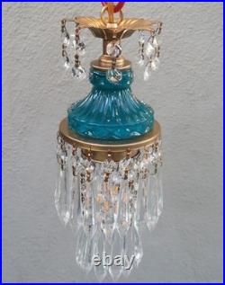 Vintage chandelier Teal Blue Swag Pendant Lamp Crystal Prisms Brass Hanging Vintage chandelier Teal Blue Swag Pendant Lamp Crystal Prisms Brass Hanging