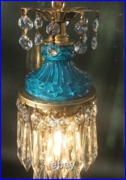 Vintage chandelier Teal Blue Swag Pendant Lamp Crystal Prisms Brass Hanging