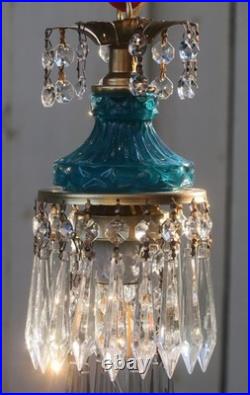 Vintage chandelier Teal Blue Swag Pendant Lamp Crystal Prisms Brass Hanging
