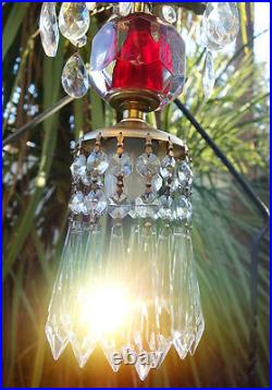 Vintage cranberry ruby red clear glass Brass hanging lamp chandelier crystal