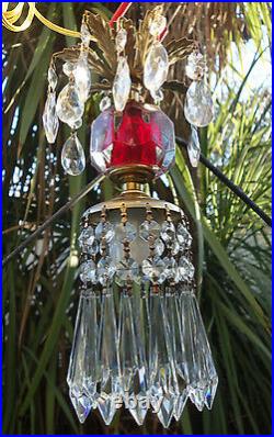 Vintage cranberry ruby red clear glass Brass hanging lamp chandelier crystal