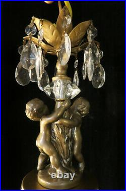 Vintage crystal prism Cherub hanging SWAG Lamp Chandelier brass spelter