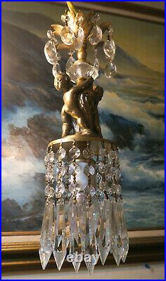 Vintage crystal prism Cherub hanging SWAG Lamp Chandelier brass spelter
