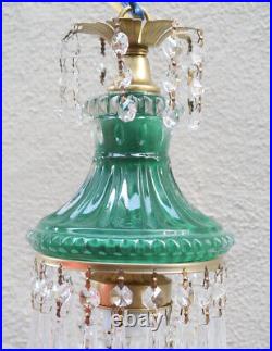 Vintage dark Emerald Green Lady cupcake glass Brass SWAG lamp chandelier crystal