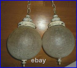 Vintage double hanging swag lights lamps frosted crackle glass globes (LS)