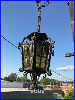 Vintage hand blown caged glass wrought iron Hacienda hanging lamp, never used