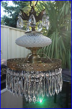 Vintage hanging Swag brass tole Fenton opaline opalescent Glass Crystal Lamp