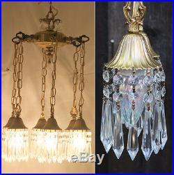 Vintage hanging Swag lamp chandelier tole brass Deco st Lily crystal prisms 6Lte