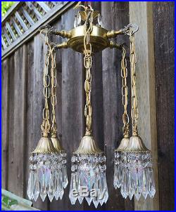 Vintage hanging Swag lamp chandelier tole brass Deco st Lily crystal prisms 6Lte