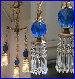 Vintage hanging Swag lamp chandelier tole brass blue Lucite ball & crystal prism