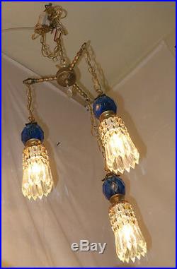 Vintage hanging Swag lamp chandelier tole brass blue Lucite ball & crystal prism