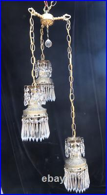 Vintage hanging swag plugin lamp chandelier spelter brass plt. Hollywood Regency
