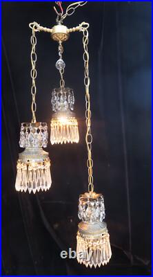 Vintage hanging swag plugin lamp chandelier spelter brass plt. Hollywood Regency